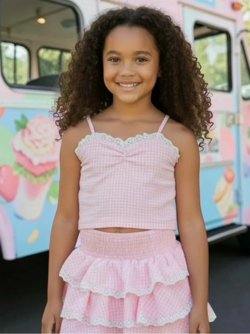Flowers By Zoe Pink & White Gingham Tiered Ruffle Set size XL (10-12)